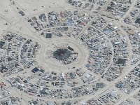 A satellite view shows the center camp during the 2023 Burning Man festival. Attendees of Burning Man were advised Friday to “shelter in place” and save up food and water due to heavy rains in Nevada’s Black Rock Desert.