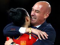 Spain’s Jennifer Hermoso celebrates with President of the Royal Spanish Football Federation Luis Rubiales after the Women’s World Cup final.