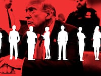 A photo illustration of Donald Trump inside of a courtroom with silhouettes of jurors in front of him.
