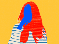 Blue woman with striped shirt flipping red hair over her shoulder and a twinkle with her smile on a yellow background
