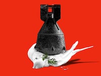 A dead dove being crushed by an atomic bomb holding an olive branch in its mouth