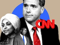 An illustration showing Jamaal Bowman, Ilhan Omar and Scott Jennings.