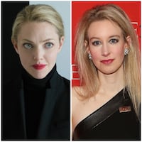 (L-R): Amanda Seyfried as Elizabeth Holmes in "The Dropout" and Elizabeth Holmes.