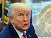 A close-up of President Donald Trump in the Oval Office announcing his plans for a "golden dome" defense system.