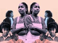 A photo illustration that shos Ayo Edebiri in Bottoms, The Bear, Theater Camp, and Abbot Elementary