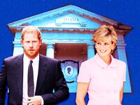 A photo illustration of Prince Harry, Princess Diana, and her tomb.