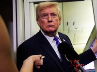 IN FLIGHT - FEBRUARY 06: U.S. President Donald Trump gaggles with reporters while aboard Air Force One on February 6, 2026 en route to Palm Beach, Florida. The President is spending the weekend at Mar-a-Lago, his private club. (Photo by Samuel Corum/Getty Images)