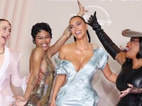Kim Kardashian celebrates her birthday next to Glenn Close, Sarah Paulson, Teyana Taylor, Niecy Nash-Betts and Naomi Watts at the "All's Fair" Disney+ Premiere.
