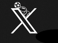 A photo illustration showing the X (formerly Twitter logo) with sports equipment rolling off it.