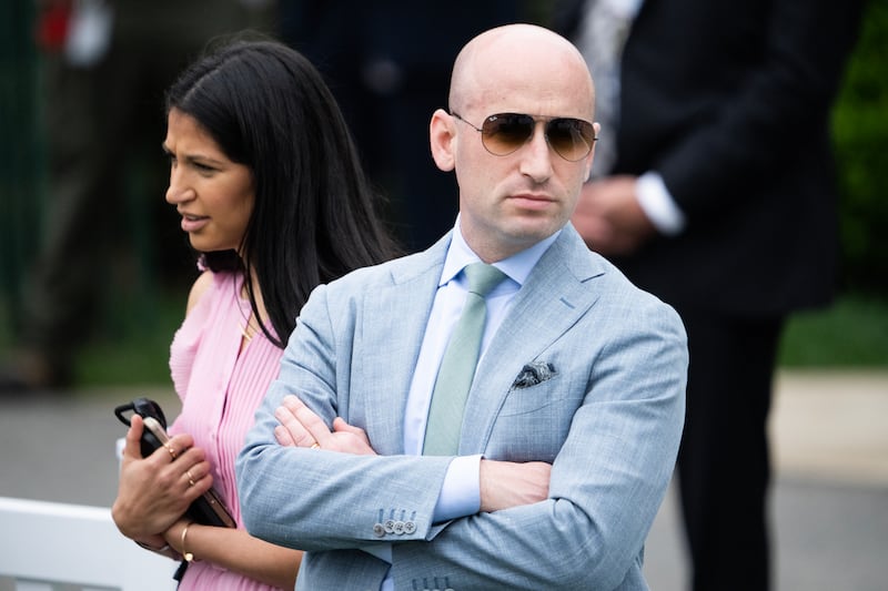 Stephen Miller, White House deputy chief of staff, and his wife, Katie Miller, an aide for DOGE, attend the White House Easter Egg Roll on Monday, April 21, 2025.