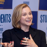 Chloë Grace Moretz speaks at Emory University to rally young voters for Harris-Walz on October 04, 2024 in Atlanta, Georgia.