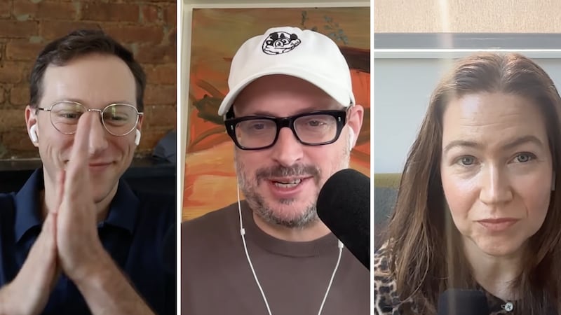 A photo of pollster Nate Silver and political analysts Clare Malone and Galen Druke on their "Still Counting" podcast.