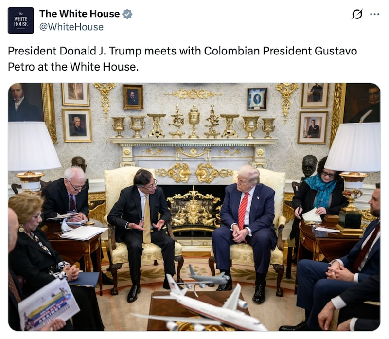 The White House's X Account shares a photo of Donald Trump meeting Colombian President Gustavo Petro.
