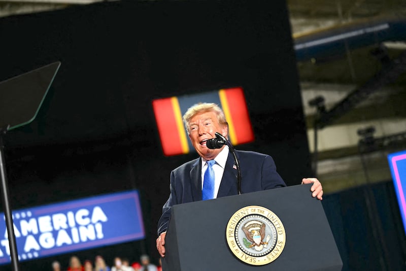 US President Donald Trump speaks at a midterm campaign rally at Crossroads Arena in Corinth, Mississippi on October 26, 2026. President Trump is holding the campaign rally to support the re-election campaign of US Senator Cindy Hyde-Smith (R-MS).