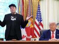 WASHINGTON, DC - MAY 30: Tesla CEO Elon Musk speaks alongside U.S. President Donald Trump to reporters in the Oval Office of the White House on May 30, 2025 in Washington, DC. Musk, who served as an adviser to Trump and led the Department of Government Efficiency, announced he would leave his role in the Trump administration to refocus on his businesses. (Photo by Kevin Dietsch/Getty Images)