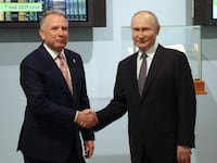 TOPSHOT - In this pool photograph distributed by the Russian state agency Sputnik, Russia's President Vladimir Putin shakes hands with US President Donald Trump's envoy Steve Witkoff during a meeting in Saint Petersburg on April 11, 2025. (Photo by Gavriil Grigorov / POOL / AFP) (Photo by GAVRIIL GRIGOROV/POOL/AFP via Getty Images)