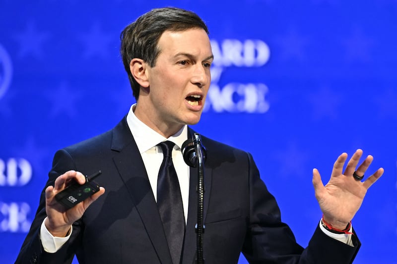 Democrats launched a probe into Donald Trump's son-in-law Jared Kushner, pictured speaking in Davos as part of the U.S. delegation, over raising funds from foreign governments for his personal investment firm while leading peace talks for the president.