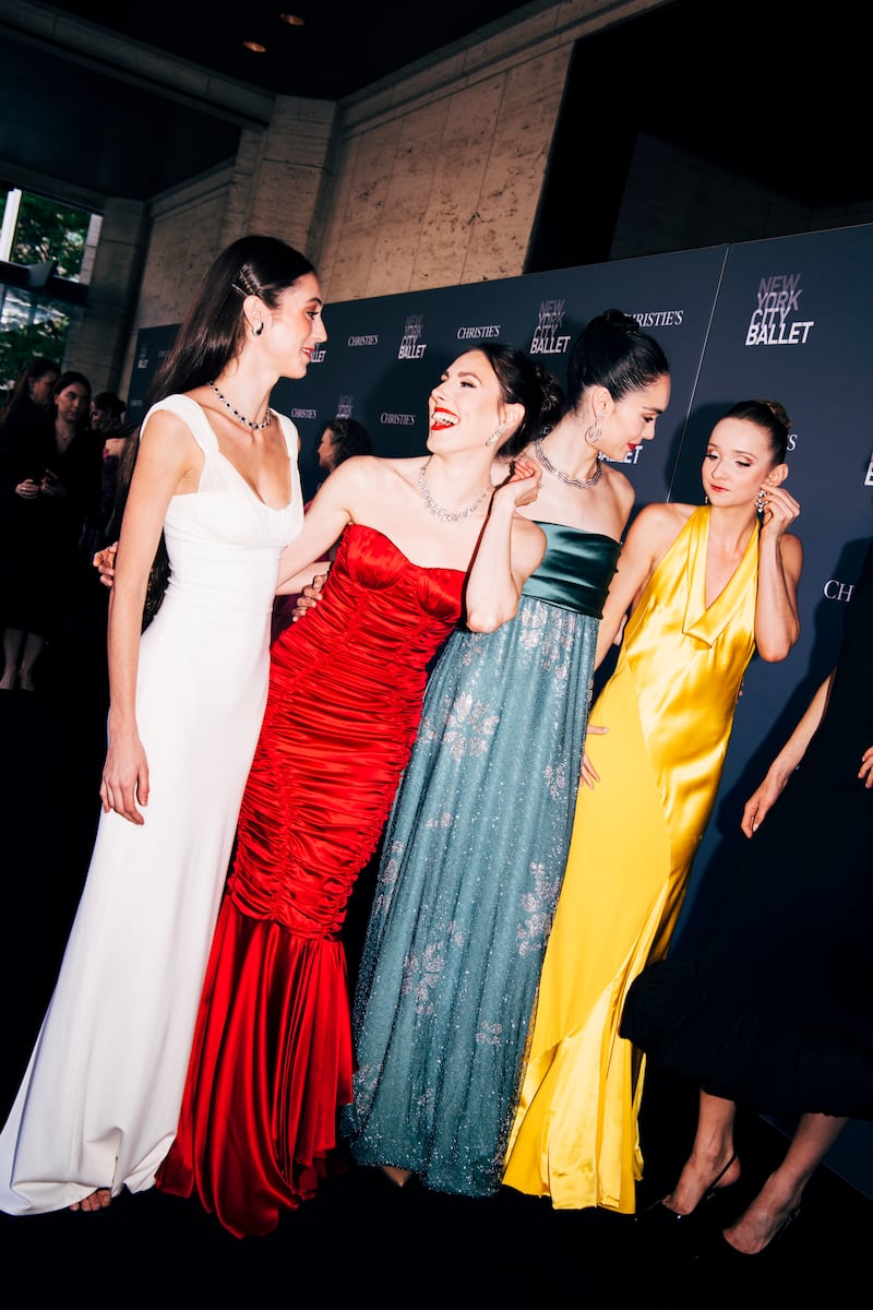 Lauren Collett, Tiler Peck, Mira Nadon and Emma Von Enck laugh with one another at the New York City Ballet 2026 Spring Gala at Lincoln Center on May 7, 2026, in New York City.