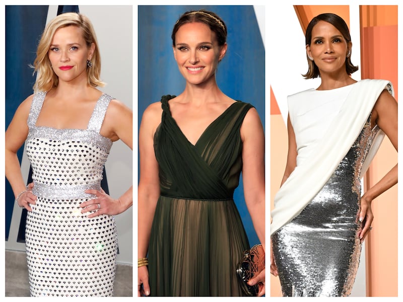 Reese Witherspoon, Natalie Portman, and Halle Berry at the 2020, 2023, and 2025 Vanity Fair Oscars Parties, respectively.