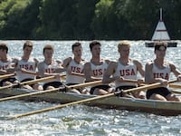 Sam Strike, Thomas Elms, Joel Phillimore, Tom Varey, Wil Coban, Bruce Herbelin-Earle, Callum Turner, Jack Mulhern and Luke Slattery in The Boys In The Boat.