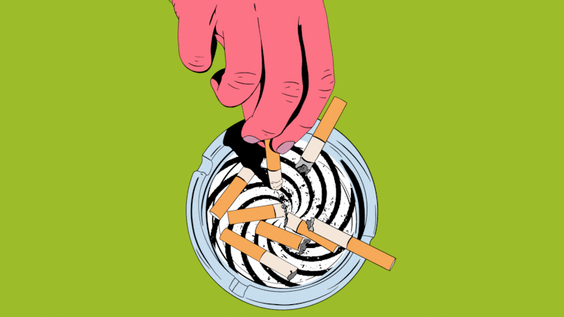 Hand putting out a cigarette in an ashtray with a hypnosis spiral in the base