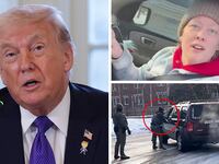 Donald Trump, Renee Good and a still from her shooting by Jonathan Ross.