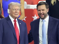MILWAUKEE, WI JULY 15, 2024 -- Former US President Donald Trump, left, and J.D. Vance during the first day of the Republican National Convention at Milwaukee, WI on Monday, July 15, 2024. (Jason Armond / Los Angeles Times via Getty Images)