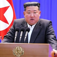 Kim Jong Un delivers a speech at the inauguration of the Samgwang Stockbreeding Farm in North Pyongan Province, North Korea. A state-run media agency released the photo.