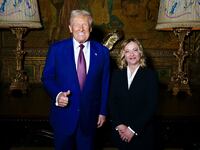 President-elect Donald Trump and Italian Prime Minister Giorgia Meloni pose together at his Mar-a-Lago estate in Palm Beach, Florida.