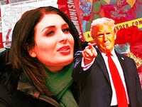 A photo illustration of Laura Loomer, Donald Trump, and red scare anti-communist propaganda.