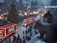 A screenshot of AI squirrels watching AI Coca-Cola trucks drive past a Christmas tree.