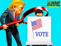 A photo illustration of Donald Trump at a voting booth with a magnifying glass.