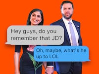 Second lady Usha Vance and Vice President JD Vance and text bubbles.