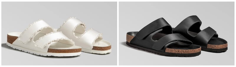 The ivory silk Arizonas are embellished with pearls; the black satin Birkenstocks go up to size 12.