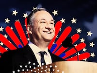 A photo illustration of Doug Emhoff giving a speech at the DNC Convention Day 2.