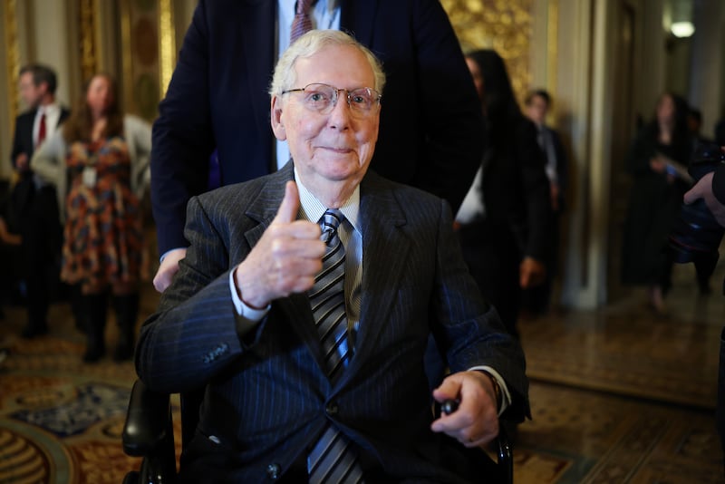 Sen. Mitch McConnell (R-KY) leaves the Republican caucus lunch at the U.S. Capitol on March 13, 2025 in Washington, DC. He has announced his retirement.