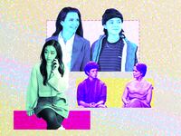 A photo illustration of Cathy Ang, Kristin Davis, Alexa Swinton, Niall Cunningham, and Cynthia Nixon.