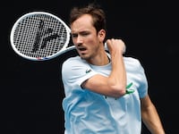 MELBOURNE, AUSTRALIA - JANUARY 09: Daniil Medvedev of Russia plays a forehand during a practice session ahead of the 2025 Australian Open at Melbourne Park on January 09, 2025 in Melbourne, Australia. (Photo by Daniel Pockett/Getty Images)