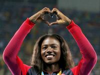 "Bronze medalist Tori Bowie of USA reacts at the Women's 200m Victory Ceremony for the 2016 Rio Olympics in Rio de Janeiro.