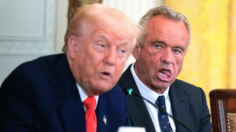 U.S. President Donald Trump and Health and Human Services Secretary Robert F. Kennedy Jr. attend an event introducing a new Make America Healthy Again