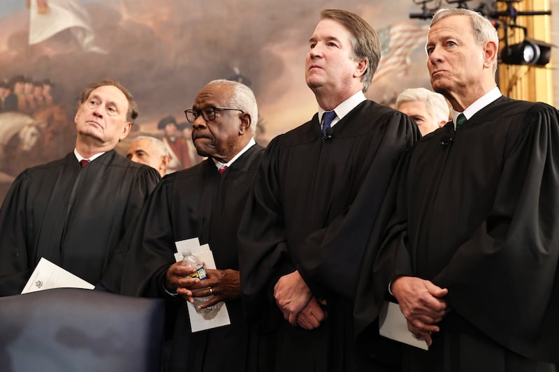 U.S. Associate Supreme Court Justices Samuel Alito, Jr., Clarence Thomas and Brett Kavanaugh and U.S. Supreme Court Chief Justice John Roberts look on during inauguration ceremonies in the Rotunda of the U.S. Capitol on January 20, 2025 in Washington.