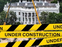 The White House in the middle of construction with caution tape. illo illustration