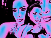 A photo illustration of Kim Kardashian in blue, pink and black in American Horror Story Delicate