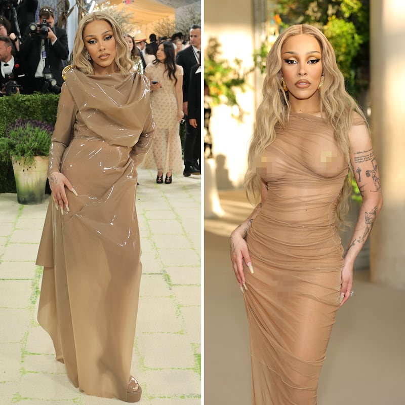 Doja Cat wore a nude latex dress on the red carpet and revealed a completely sheer mesh look once she was indoors.