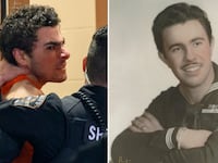 Luigi Mangione, left, at a court hearing Tuesday, and his grandfather Nicholas Mangione in an undated Navy photograph (right).