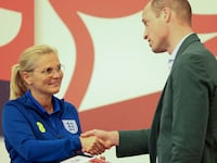 A picture of Prince William shaking hands with England’s women’s team manager Sarina Wiegman. Prince William is facing heat from staunch Lionesses fans after he confirmed he will not attend the Women’s World Cup final this Sunday.