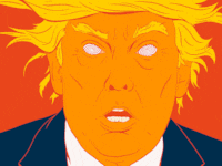 Donald Trump looking shocked with crazy hair and spinning spirals in his eyes