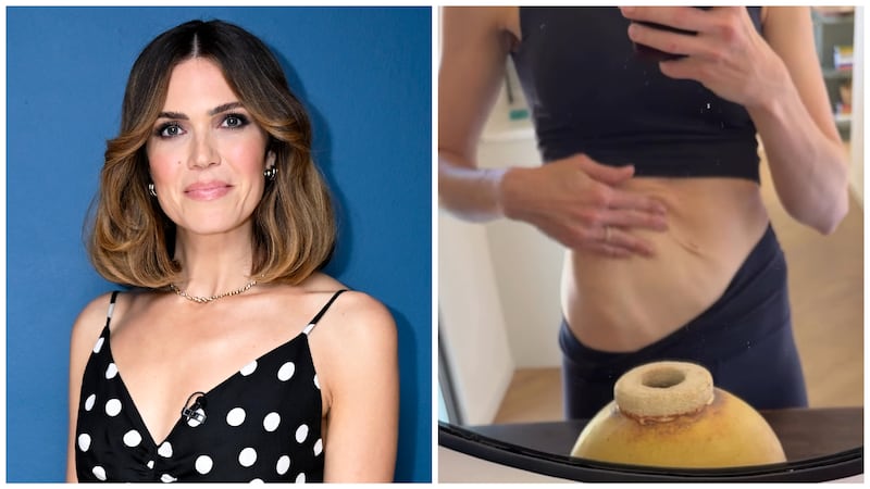 On left, Mandy Moore poses backstage at The Tonight Show Starring Jimmy Fallon on Monday, December 18, 2023; on right, Moore shows her postpartum stomach in an Instagram video.