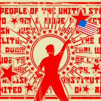 Illustrative gif in the style of socialist and communist propaganda posters with a man waving an American flag