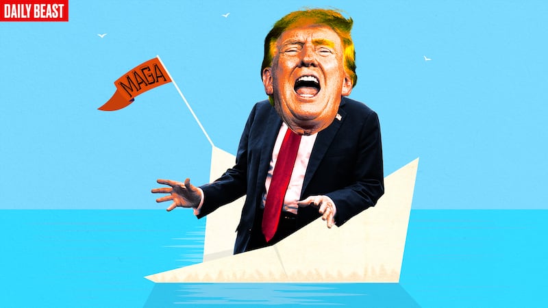 A photo illustration for The Daily Beast podcast Trump on sinking boat.